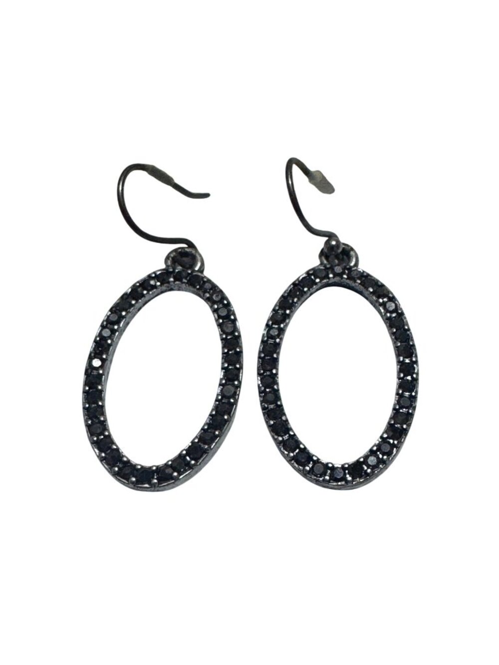 Silver Tone Oval Drop Earrings Black Rhinestone Accents Hook Classy Simple